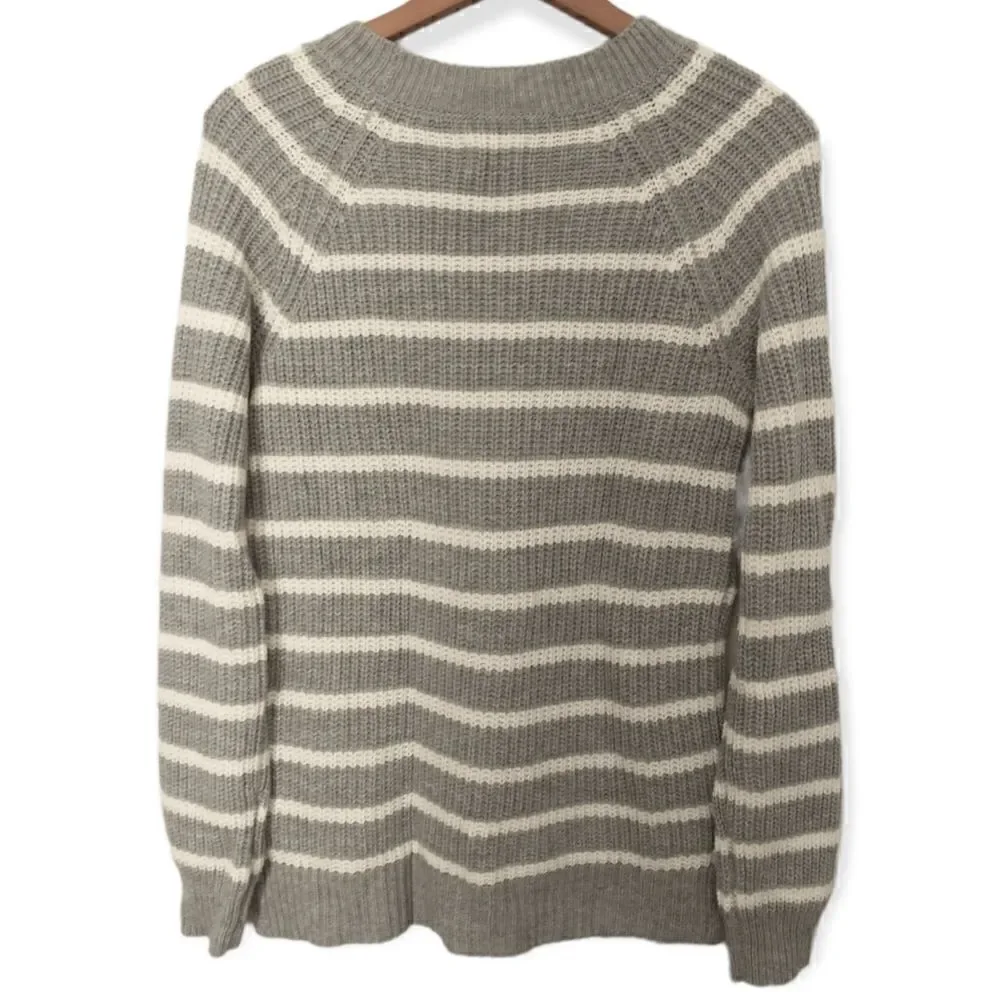 SO Fisherman Sweater M Striped Chunky Lace Up Shoulder Cozy Gray‎ White Relaxed